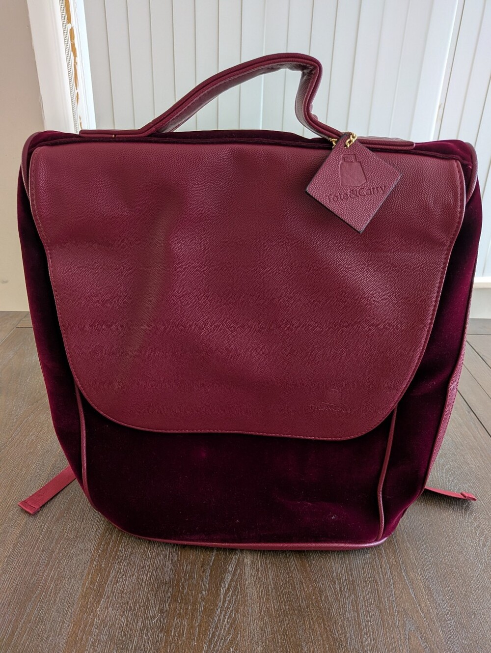 Tote & Carry Velvet Vegan Leather Backpack Bag Burgundy